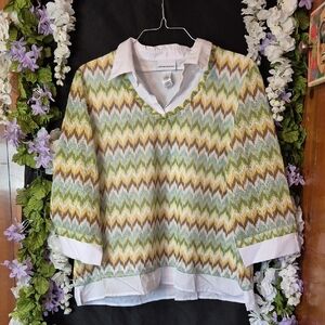 Alfred Dunner White Collared Layered-Look Top with Pastel Accents